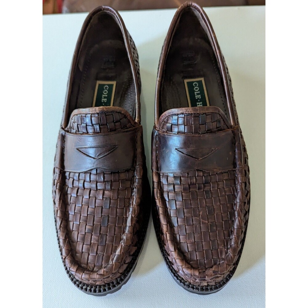 Vintage Cole Haan Brown Woven Leather Penny Loafers Women’s Size 8AA Narrow BOHO